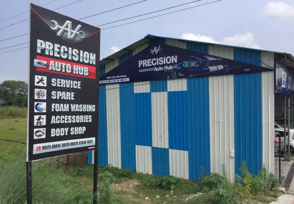 Precision Auto Hub roadside signboard listing service, spare, foam washing, accessories and body shop