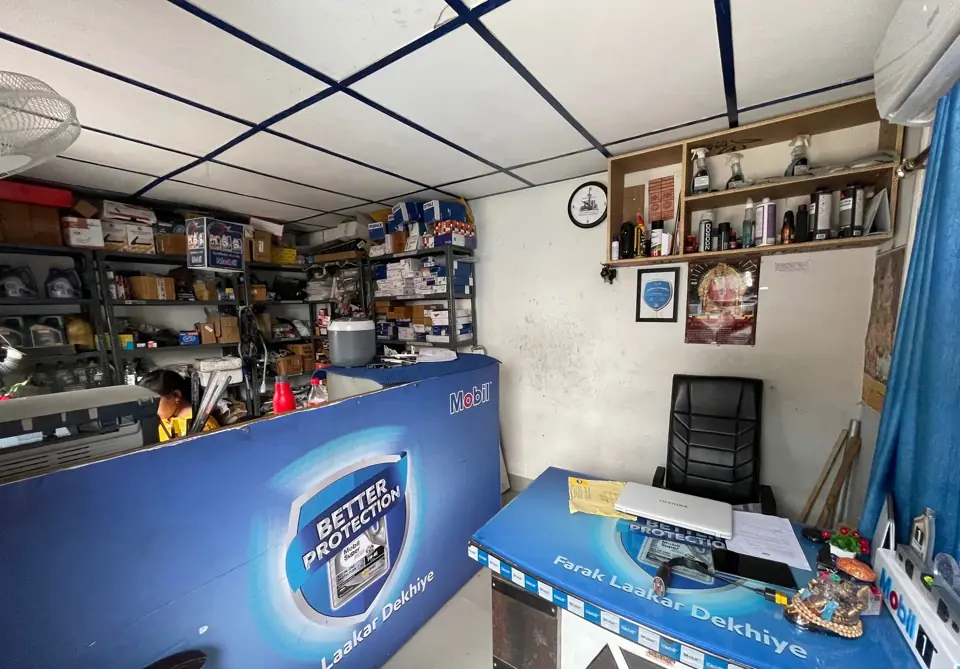 Spare parts counter with stocked shelves